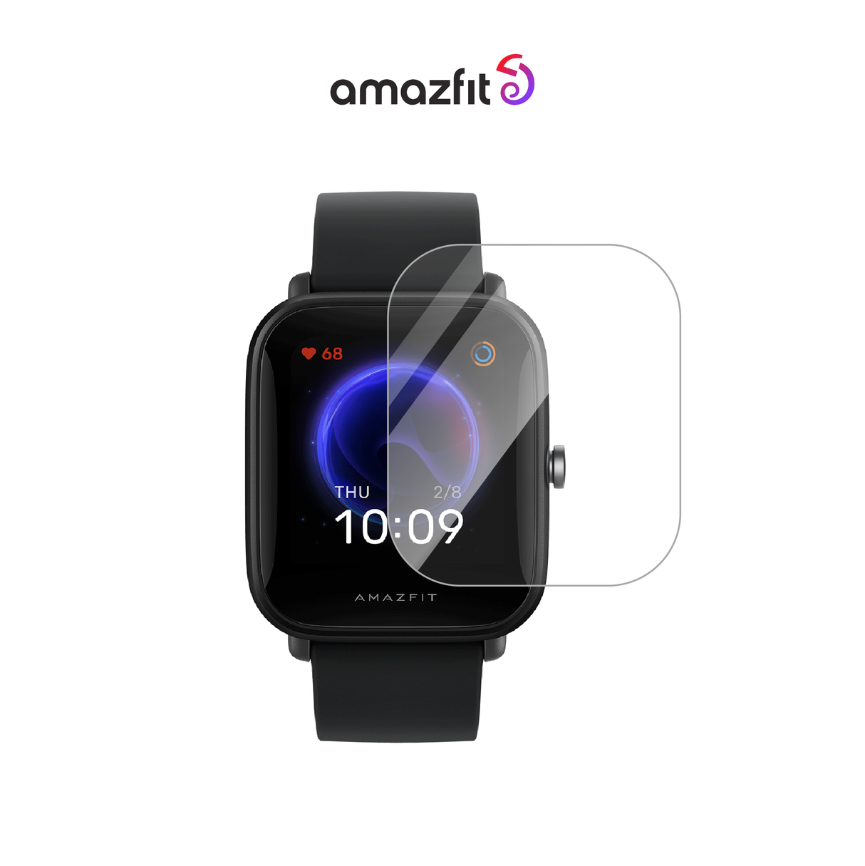Clear screen protector for smartwatch display, rounded glass on black strap