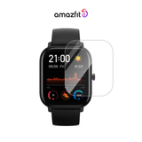 Clear screen protector for smartwatch display, curved glass on black strap