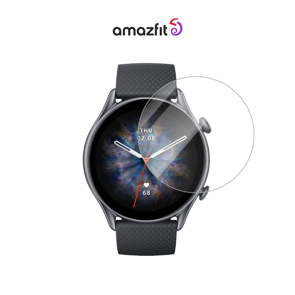 Clear screen protector for round smartwatch display, curved glass overlay