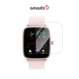 Clear screen protector for smartwatch display, curved glass on pink strap