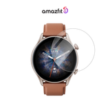 Clear screen protector for round smartwatch display, curved glass on brown strap