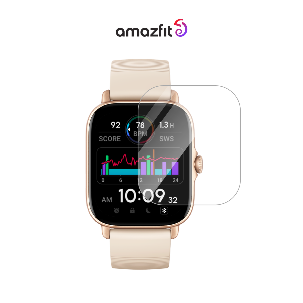 Clear screen protector for square smartwatch display, curved glass on light strap