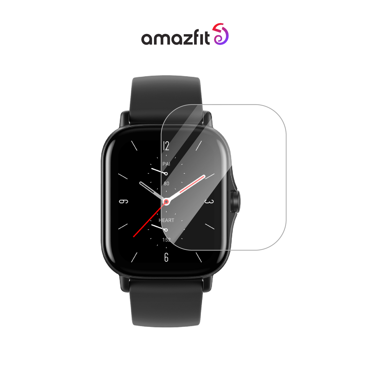 Clear screen protector for curved smartwatch face, rounded glass on black strap