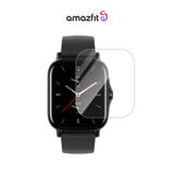 Clear screen protector for curved smartwatch face, rounded glass on black strap