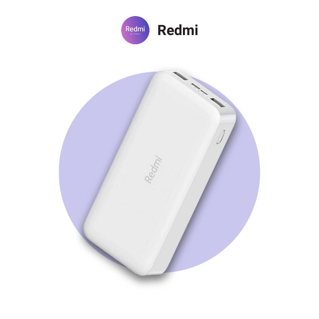 White 20000mAh Redmi power bank, close-up of top charging ports