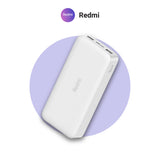 White 20000mAh Redmi power bank, close-up of top charging ports