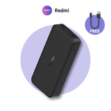 20000mAh power bank in black with cable, angled view showing top ports