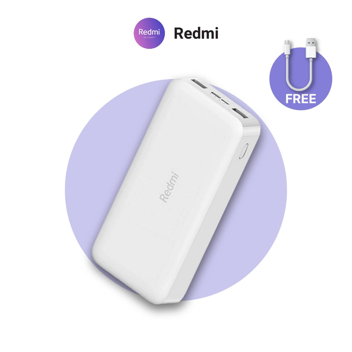 20000mAh power bank in white with charging cable, side ports visible