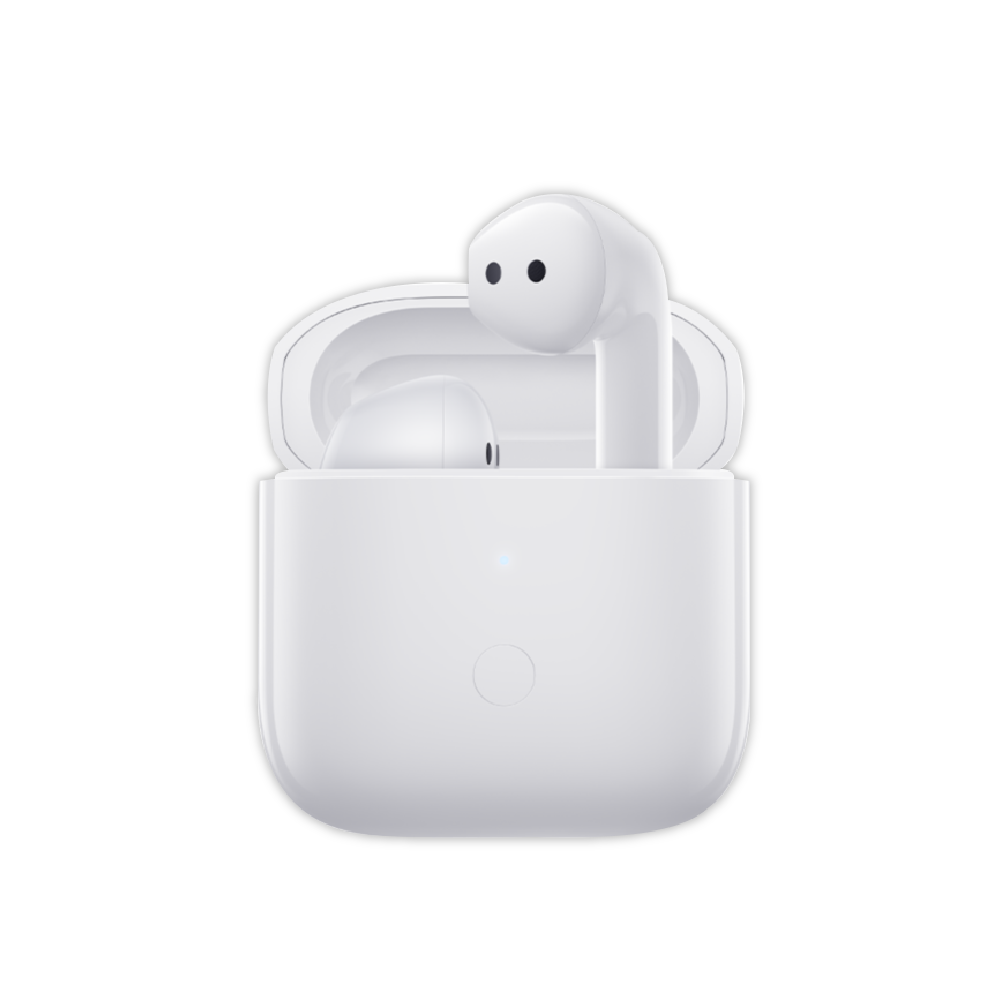 Redmi Buds 3 white earbuds in open charging case