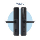 Aqara Smart Door Lock A100 front view with keypad, lever handle, and touchscreen