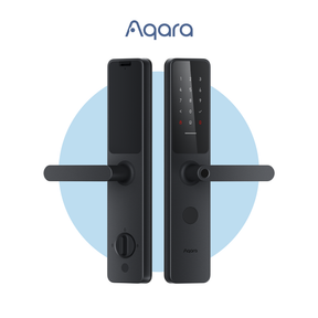 Aqara Smart Door Lock A100 front view with keypad, lever handle, and touchscreen
