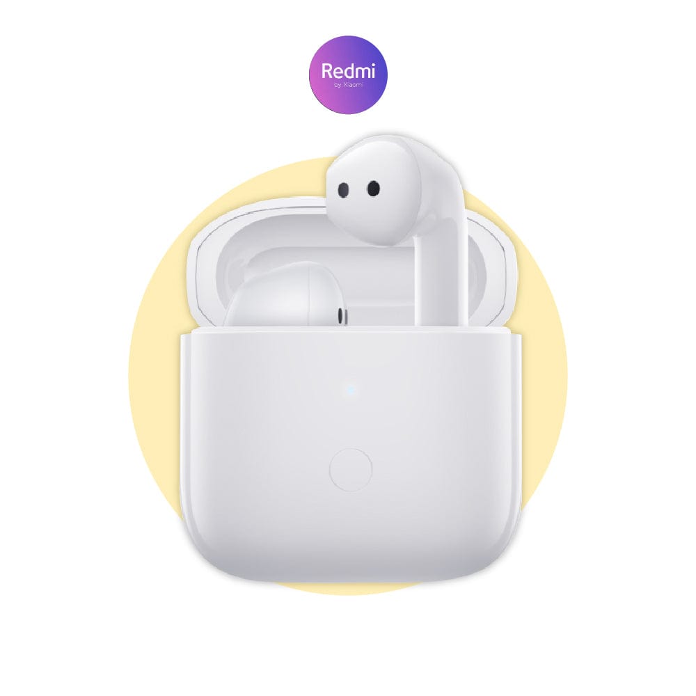 White Redmi Buds 3 earbuds resting in charging case, top view
