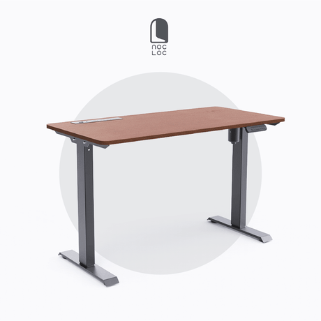 Noc Loc smart lifting desk with brown wood tabletop and grey metal legs