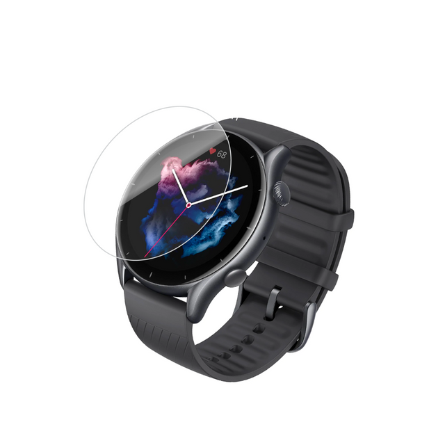 Smartwatch screen protector, clear curved glass on black watch display
