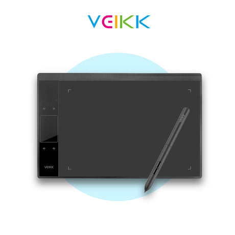 Veikk A30 V2 drawing tablet with stylus, black control panel and left button area