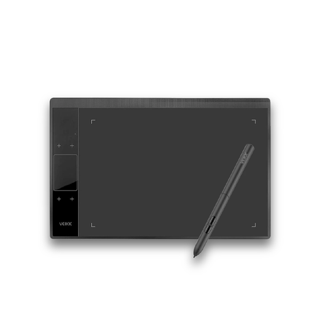 Drawing tablet and stylus, black front panel with left control area