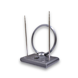Indoor digital antenna with circular ring, two vertical rods, and desktop base