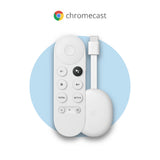 Chromecast mit Google TV, weiße Fernbedienung und Streaming-Dongle, kompakte Ansicht