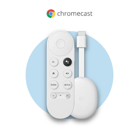 Chromecast mit Google TV, weiße Fernbedienung und Streaming-Dongle, kompakte Ansicht