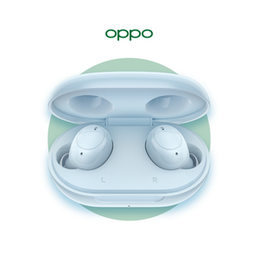 Blue wireless earbuds in open charging case, L and R earbuds visible