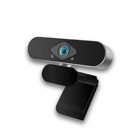 Schwarze USB-Webcam mit blauem Objektiv und ausklappbarer Halterung