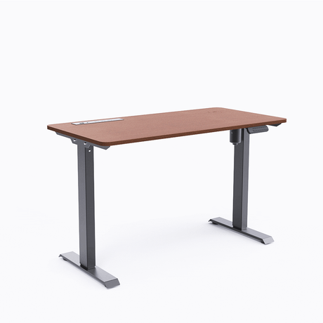 Rectangular smart lifting desk with brown wood top and grey metal base