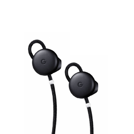 Black wired earbuds with inline stems and braided cable