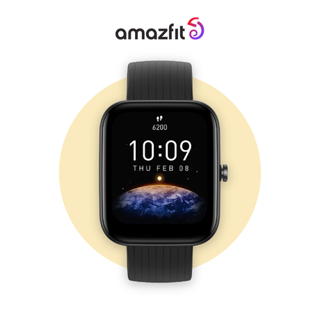 Amazfit Bip 3 Pro Smartwatch, schwarzes Armband, seitlicher Knopf sichtbar