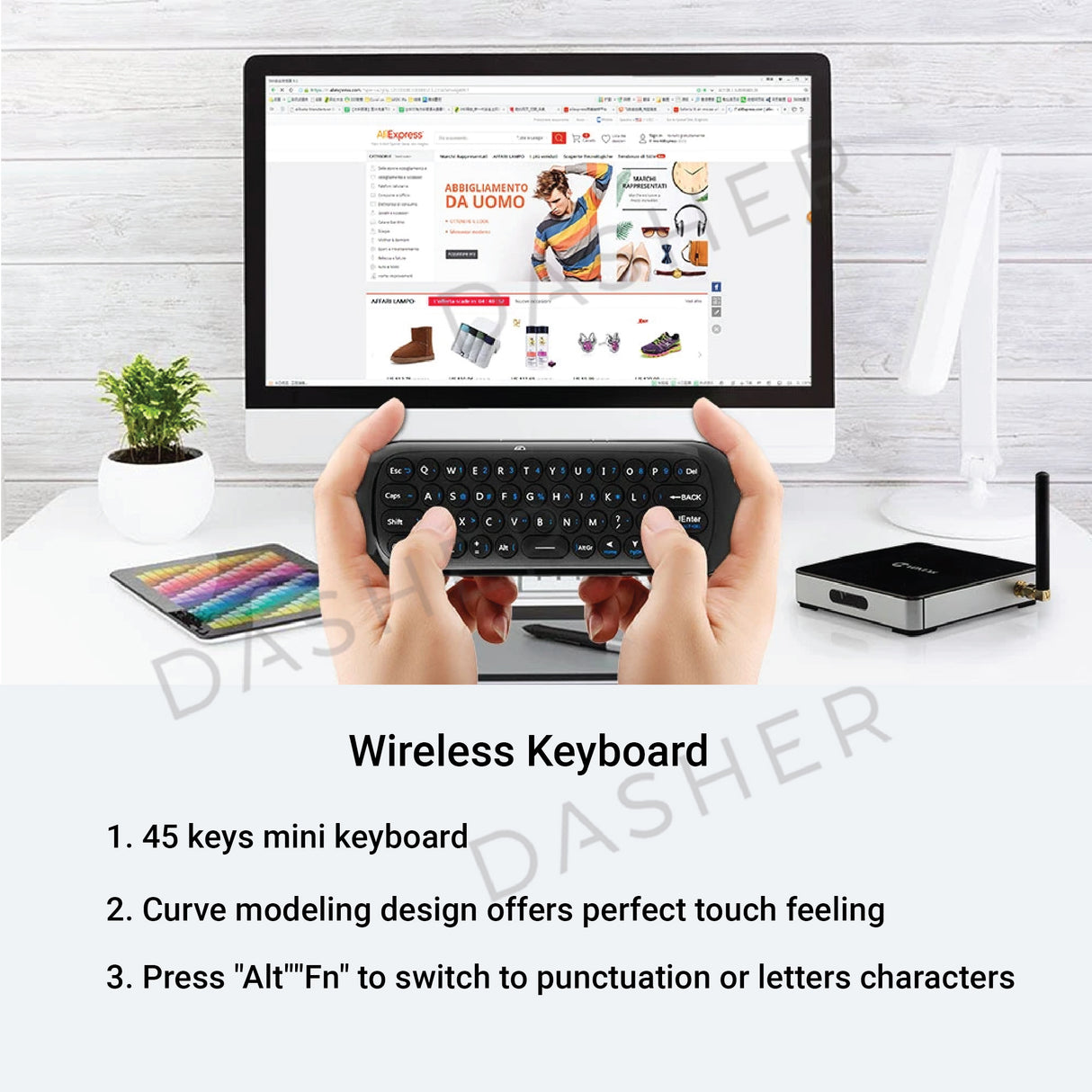 Mini wireless keyboard remote with curved keys for TV and projector use